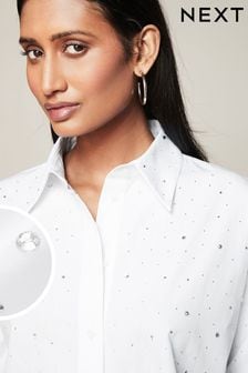 White Sparkle Long Sleeve Cotton Cropped Shirt (835332) | HK$425