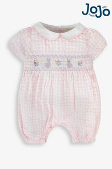 JoJo Maman Bébé Pink Gingham Embroidered Bunny Baby Romper (835955) | €12.50