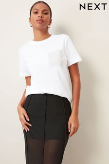 White Short Sleeve Embellished Pocket T-Shirt (836489) | OMR11