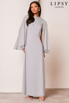 Lipsy Silver Hand Embellished Cape Maxi Dress (837234) | kr1,148