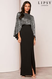 Lipsy Black Sequin Cape Maxi Dress (837244) | AED461