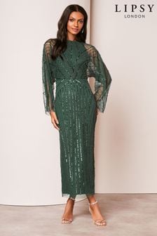 Lipsy Green Hand Embellished Mesh Sleeve Cape Maxi Dress (837254) | AED536