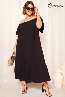Curves Like These Black Linen Look Bardot Maxi Dress (837514) | €68