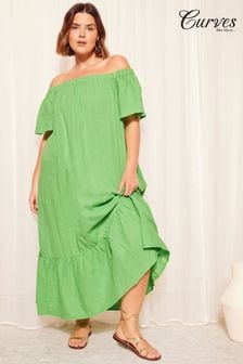 Curves Like These Green Linen Look Bardot Maxi Dress (837553) | AED266