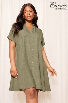 Curves Like These Khaki Green Button Through Mini Shirt Dress (837554) | KRW83,300