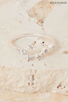 Accessorize Ring aus recyceltem Sterlingsilber mit Stier-Sternzeichen und Strasssteinchen, Weiß (838105) | 20 €