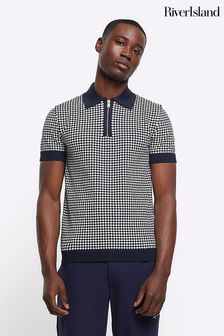 River Island Blue Muscle Fit Tile Geo Polo Shirt (838462) | $56