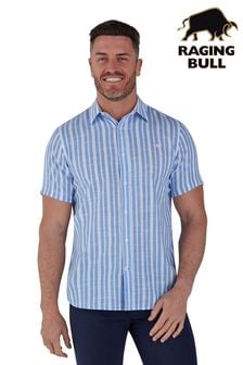 Raging Bull Blue Short Sleeve Multi Stripe Linen Cotton Shirt (839280) | €41 - €43.50