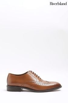 River Island Brown Chrome Lace-Up Leather Brogue Derby Shoes (839288) | HK$463