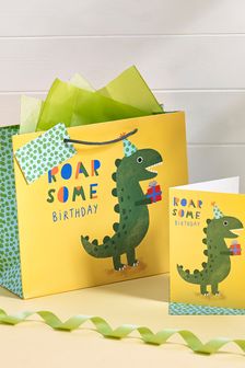 Yellow Dinosaur Gift Bag and Card Set