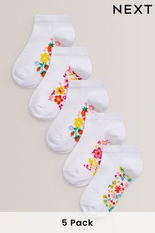 White Floral 5 Pack Cotton Rich Footbed Trainer Socks (839372) | €9 - €11