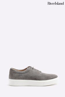 River Island Grey Suede Cupsole Laceup Runner Trainers (839396) | KRW96,100