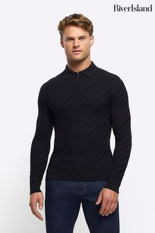 River Island Black Zig Zag Muscle Polo Shirt (839614) | kr415