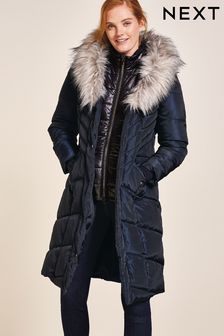 Navy Blue - Faux Fur Trim Padded Coat (840679) | kr938