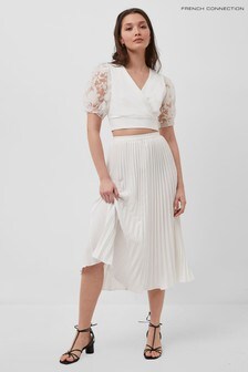 חצאית מידי עם קפלים מקרפ של French Connection דגם Light בלבן