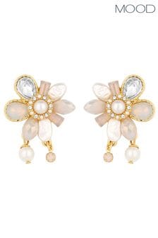 Mood Gold Tone Pearl And Crystal Flower Charm Stud Earrings (842723) | KRW38,400
