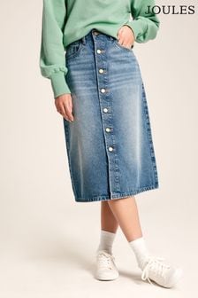 Joules Button Front Denim Midi Skirt