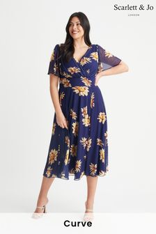 Scarlett & Jo Navy Blue Sunflower Victoria Angel Sleeve Mesh Midi Dress (843049) | AED471