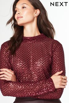Berry Red Sequin Mesh Long Sleeve Top (843060) | €9