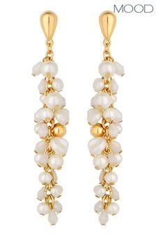 Mood Gold Tone Pearl And Polished Cluster Long Drop Earrings (843256) | KRW38,400