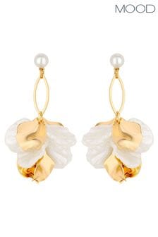 Mood Gold Tone Pearl And Polished Flower Charm Drop Earrings (843342) | KRW36,300