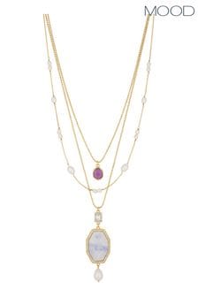Mood Gold Toned Opal Iridescent Stone And Charmed Multirow Long Pendant Necklace Pack of 3 (843826) | LEI 167
