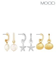 Mood Crystal And Pearl Coastal Shell Mixed Earrings Pack of 3