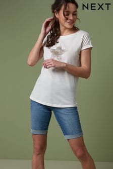 Embellished Star White Curved Hem T-Shirt (844217) | ₪ 52