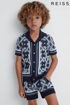 Reiss Navy Multi Hyde Teen Knitted Cuban Collar Button-Through Shirt (846037) | OMR38