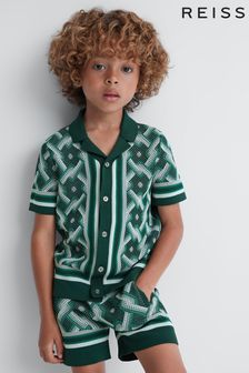 Reiss Green Multi Hyde Teen Knitted Cuban Collar Button-Through Shirt (846519) | kr920