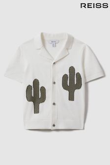 Reiss Ecru/Green Takla Teen Knitted Cactus Cuban Collar Shirt (846650) | 368 QAR