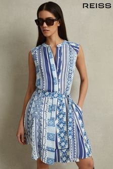 Reiss Blue Florence Tile Print Belted Mini Dress (846745) | AED1,282