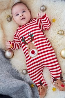 JoJo Maman Bébé Stripe Reindeer Appliqué Cotton Baby Sleepsuit