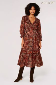 Apricot Brown Paisley Ruffles Midaxi Dress (848783) | $96