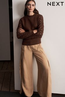 Chocolate Brown Crochet Sleeve Cosy Knit Crew Neck Long Sleeve Jumper Top (849486) | €29