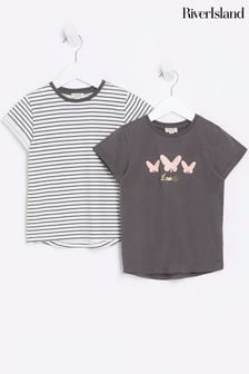 River Island White/Grey Mini Girls Stripe T-Shirts 2 Pack (851004) | €28