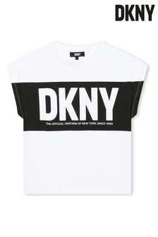 חולצה טי בגוונים לבן שרוול ארוך עם לוגו של DKNY