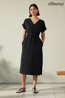 Črna lanena obleka z V-izrezom Albaray (851516) | €68