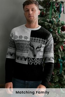 Black/White Regular Reindeer Christmas Mens Knitted Jumper (851992) | $54