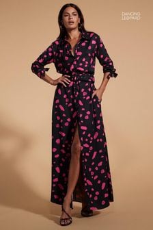 Negru/roz - Rochie maxi tip cămașă cu model leopard dancing dove (852138) | 370 LEI