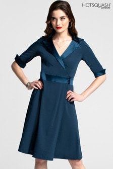 HotSquash藍色絲質滾邊緊身寬擺交叉連身裙 (852905) | HK$969
