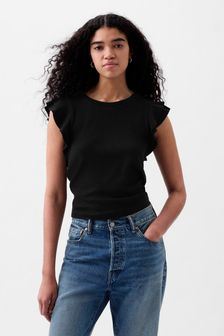 Schwarz - Gap Geripptes Basic-T-Shirt mit Flatterärmeln und Rundhalsausschnitt (853253) | 31 €
