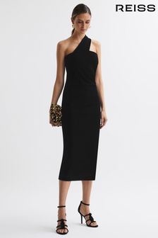 Reiss Black Abbey Velvet One-Shoulder Midi Dress (854286) | $233