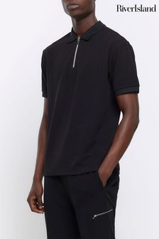 River Island Black Smart Texture Zip Neck Polo Shirt (854323) | kr389