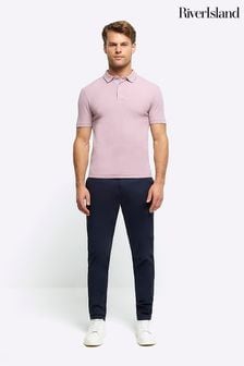 River Island Pink Muscle Fit Texture Ribbed Polo Shirt (855283) | SGD 48