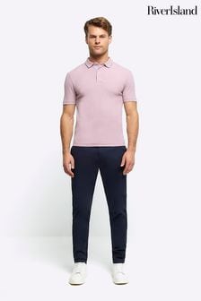 River Island Pink Muscle Fit Texture Ribbed Polo Shirt (855283) | $43