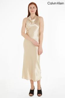 Sukienka Calvin Klein z dekoltem typu halter w naturalnym kolorze z połyskiem (857221) | 1,040 zł