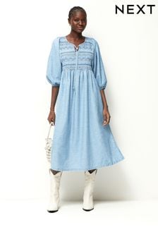 Синий - Джинсовое свободное платье миди с вышивкой (857448) | €49