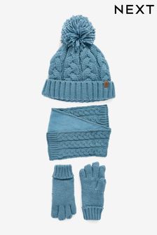 Mineral Blue - Knitted Hat, Gloves And Scarf 3 Piece Set (3-16yrs) (858388) | kr300 - kr360