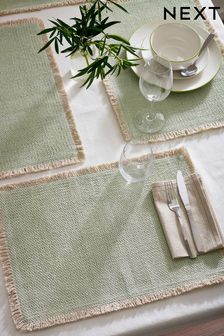 Set of 4 Sage Green Woven Fringe Edge Fabric Placemats